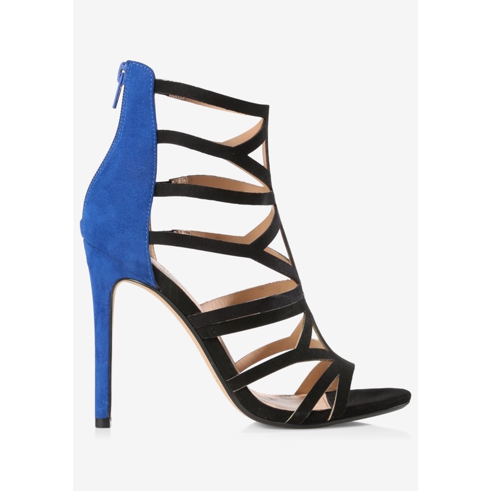 Express Color Block Heeled Runway Cage Sandal - Blue/Black